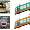 リニューアル前の妙見ケーブル車両（左）とリニューアル後のイメージ（右）。車体塗装の変更は21年ぶりとなる。