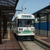 熊本市電の8200形8202号。同車と同型の8201号を「でんでんnimoca」のラッピング電車にする。