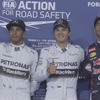 予選トップ3、左からルイス・ハミルトン、ニコ・ロズベルグ、ダニエル・リチャルド