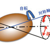 ラグビーボールの動き。対称軸回りの自転と、対称軸の首振りがある（出典：牧島一夫）