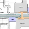 新駅の平面図略図。相対式ホームを整備する。駅舎は南側に整備されるが、北側からは自由通路で南側に行けるようにする。