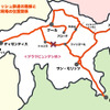 事故現場とレーティッシュ鉄道全線の路線図。×印が事故現場。事故による現場区間不通に伴い「氷河急行」は右上のフェライナトンネルを経由し迂回運行を行っている
