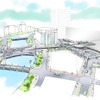 広島市がまとめた基本方針による広島駅南口周辺のイメージ図。路面電車の広島駅～稲荷町間は現在の迂回ルートから駅前大橋を通るルートに変更し、このうち広島駅停留場（右）から駅前大橋付近（中央）までは高架軌道を走る。