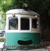 鞍馬駅で展示されているデナ21形21号の「偽叡山電車」装飾イメージ。アニメ「有頂天家族」とのコラボ企画として実施する。
