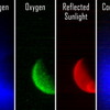 紫外線分光器による火星大気の観測画像。左から水素、酸素、火星表面からの太陽光反射、複合画像を示している。