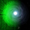 研究のシミュレーションで計算された銀河の姿。左半分の緑色の部分は、重力計算のための領域分割を可視化したもの