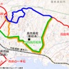 大船渡線BRTの陸前高田～高田病院間。現行ルート（青）は12月11日から冬季ルート（オレンジ）に変更。来年3月からさらにルートを一部変更（緑）し、高田高校前駅を新設する。同時に陸前高田駅も現在地から少し離れた場所に移設する。