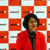 「A320型20号機到着式典」に登壇したジェットスター・ジャパン鈴木みゆき社長（12月19日、成田空港）