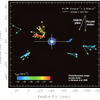 ミラ型変光星 T Lep の水メーザー放射分布。中央の光が星のイメージ。