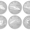 「新幹線鉄道開業50周年記念貨幣」のうち百円貨幣5種類のデザイン。5路線の車両が表面にデザインされ、裏面は0系が共通で描かれる。