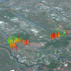 eTODの地形・障害物のイメージ（緑系は樹木、赤系は建物を、線の長さは高さを表す）