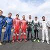 2014年の日産GT500ドライバーたち（開幕戦時）。今季も基本的には同様のラインナップとなった。左から安田、オリベイラ、松田、クインタレッリ、クルム、佐々木、本山、柳田。