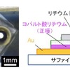 全固体リチウム薄膜電池の写真（左）および断面図の概略図（右）