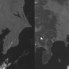 左：ひまわり７号の可視画像（解像度1km）右：ひまわり８号の可視画像（解像度500m）