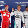 スペインGP予選トップ3のベッテル（左）、ロズベルグ（中央）、ハミルトン（右）