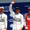 F1カナダGP予選トップ3のハミルトン（中央）、ロズベルグ（左）、ライコネン（右）