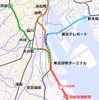 東京オリンピックの開催決定を機に羽田空港のアクセスを改善するための新線構想が注目されたが、いずれも開催前の整備は困難な状況となっている。画像はJR東日本が構想している羽田空港アクセス線のルート。