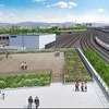 京都鉄道博物館の屋外展望デッキ「スカイテラス」のイメージ。周辺を走るJRの列車も見ることができる。