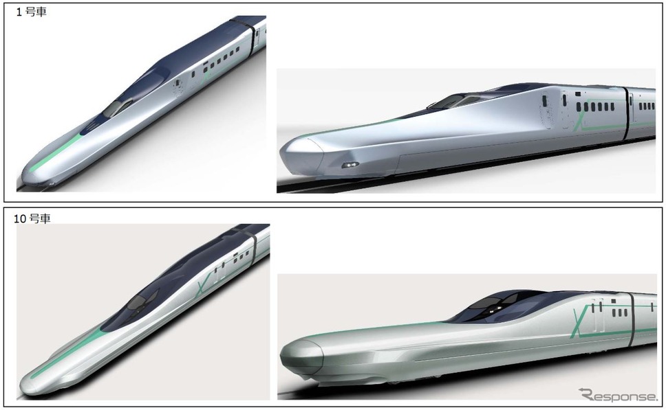 先頭車のエクステリアデザイン。先頭長が異なる2種類が製作される。上の1号車は風の流れによってつくられる「削ぎ」「畝り」「拡がり」といった要素を取り込む。下の10号車は「台車部を覆うせり出した造形」「運転士を包み込む造形」「後方に向けて滑らかにつなぐ造形」という3つの造形で構成される。車体カラーは、メタリックと緑の帯を組み合わせて清々しさを表現。JR東日本では、将来の自動運転を目指してスムーズな車両制御を実現するための基礎的な研究も行っているという。