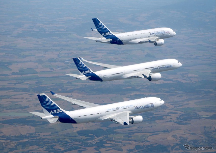 手前からA330、A350XWB、A380による編隊飛行。　(c) Airbus