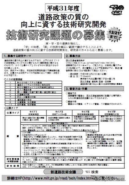 道路政策の質を向上する技術研究課題を募集