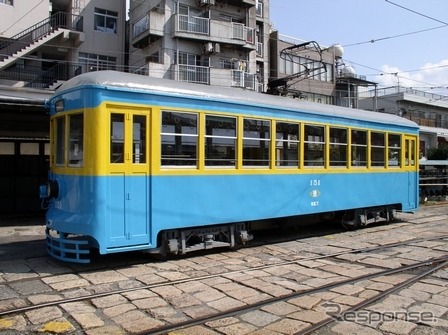 1956年に廃止された箱根登山鉄道小田原市内線で使用されていた150形151号。大正時代の1925年に王子電気軌道（東京都電荒川線の前身）400形として服部製作所で製作され、東京都電を経て、1952年に箱根登山鉄道へ。1957年2月に長崎入りした。