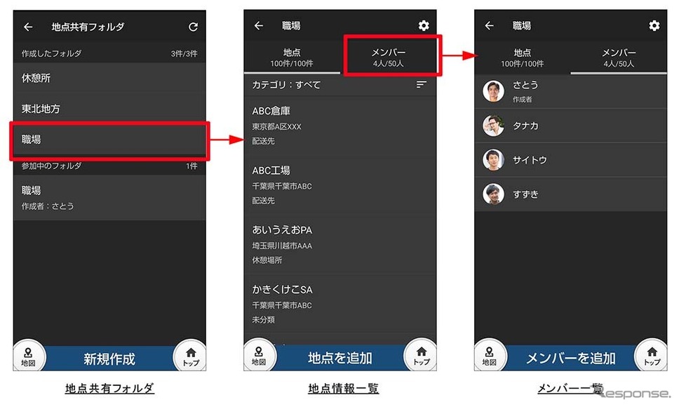 トラックカーナビ、複数ドライバー間での地点情報共有