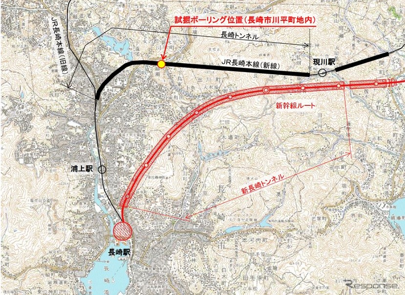 試掘ボーリングの位置。鉄道・運輸機構では、長崎市の都市計画図を基に発注用の図面を作成したが、長崎トンネルの位置については、国土地理院の地図を基にしていたという。