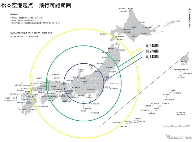 松本空港起点飛行可能範囲