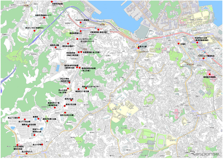 「AI運行バス」運行エリア図および乗降ポイント（35か所）