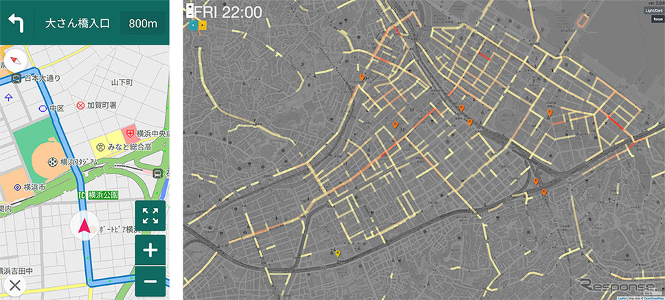 お客様探索ナビ画面（左）と道路レベルでの需要予測結果の一例