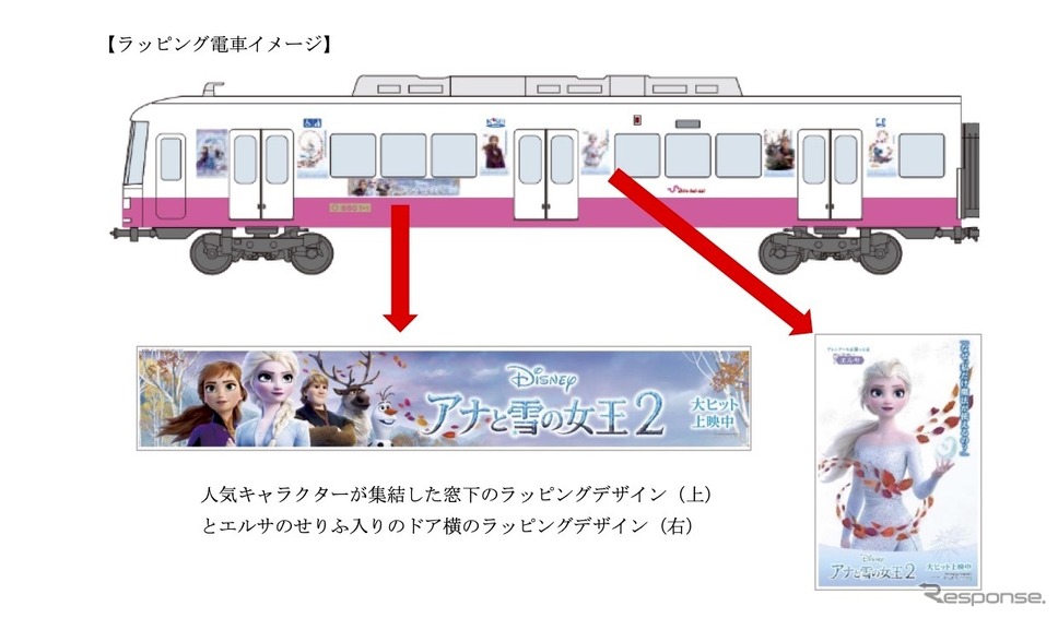 8800形に施される新京成電鉄のアナ雪2ラッピング。車内広告もアナ雪2で埋め尽くされる。