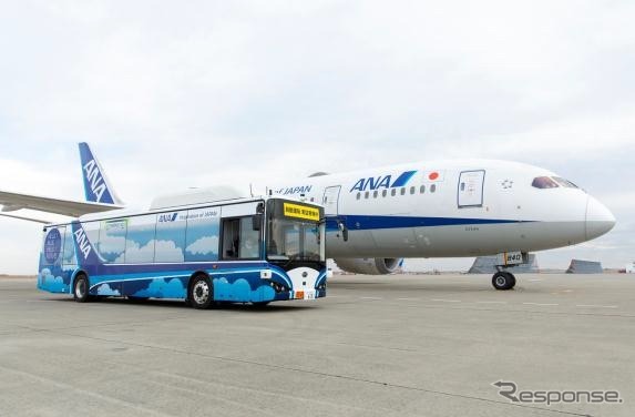 大型自動運転バスとANA機