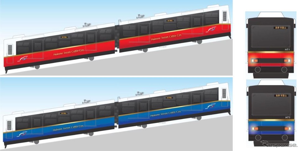 3月20日にデビューするリニューアル車のイメージ。文字表記に金色の筆記体切文字を中心に配置することで優雅な雰囲気を出すとともに、編成の両端にケーブルカーの複線部をイメージしたリボン状のモチーフなどを配置することで、強羅と早雲山、鉄道とロープウェイ、人と人を「つなぐ・結ぶ」といったイメージを持たせたという。