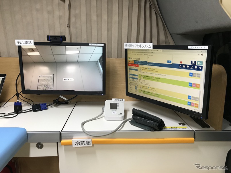 長野県伊那市で実証実験中（3月から実用化を予定）の、オンライン診療車両の車内に設けられたテレビ診察システム。病院にいるドクターの顔（写真はダミー）がはっきり見える。