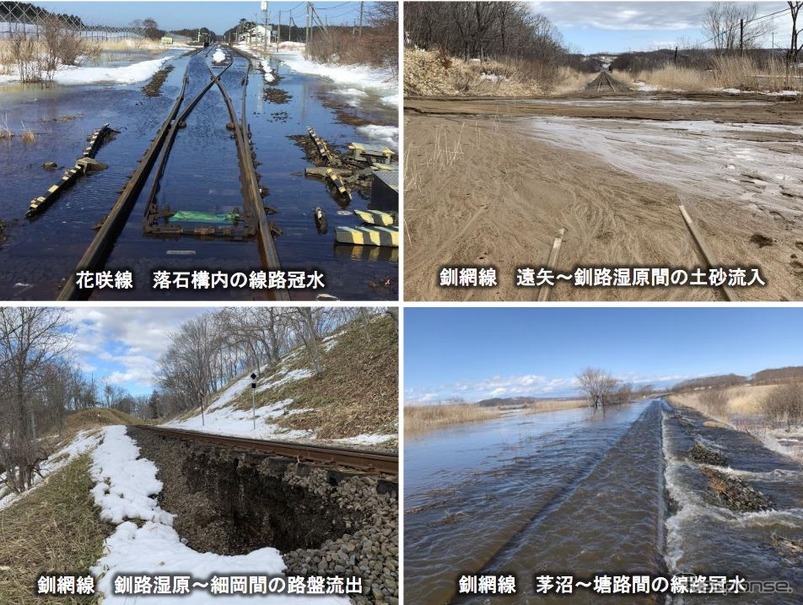 3月11日に確認された釧網本線と花咲線の被災状況。