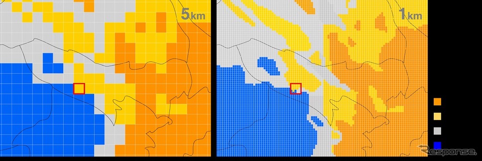 1kmメッシュ／1時間ごとのピンポイント天気予報（参考画像）