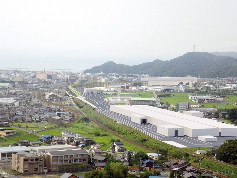 敦賀延伸時に設けられる敦賀車両基地（手前）のイメージ。右手の山の麓に見えるのが敦賀駅。北陸新幹線敦賀延伸工事で最も遅れているのがこの敦賀駅周辺で、鉄道・運輸機構では「工事が逼迫している箇所では、工事の着実な遂行に必要な人員体制を各地に配置する」として、現場密着体制で乗り切る姿勢を示している。