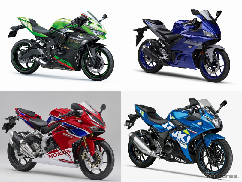 カワサキ Ninja ZX-25R（左上）、ヤマハ YZF-R25（右上）、ホンダ CBR250RR（左下）、スズキ GSX250R（右下）