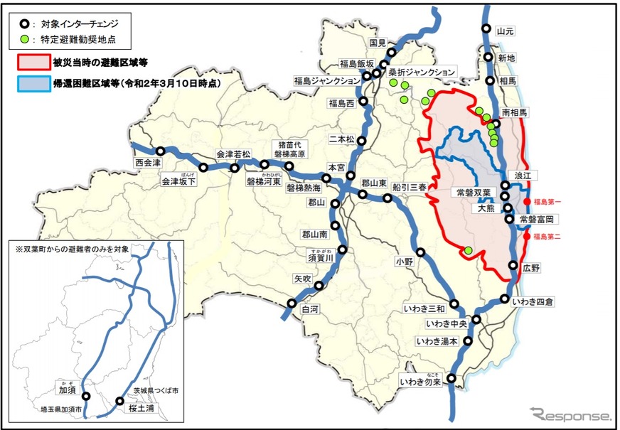 原発事故による高速道路の無料措置対象インターチェンジ