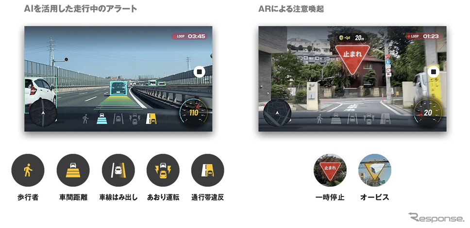 AIを活用した走行中のアラート（左）/ARによる注意喚起（右）