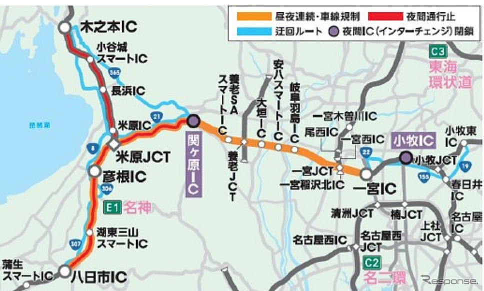 集中工事実施区間と迂回ルート