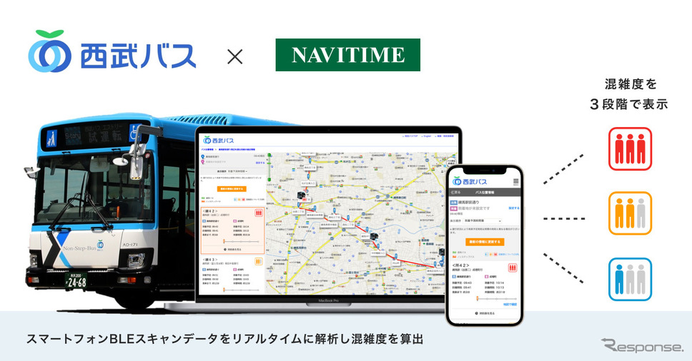 西武バスとナビタイム、バスのリアルタイム混雑度の表示に対応