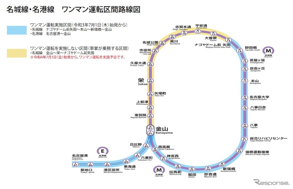 名城線と名港線のワンマン実施区間。