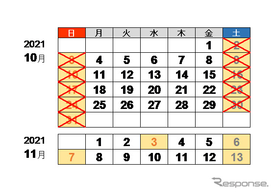 2021年10月の休日割引適用日