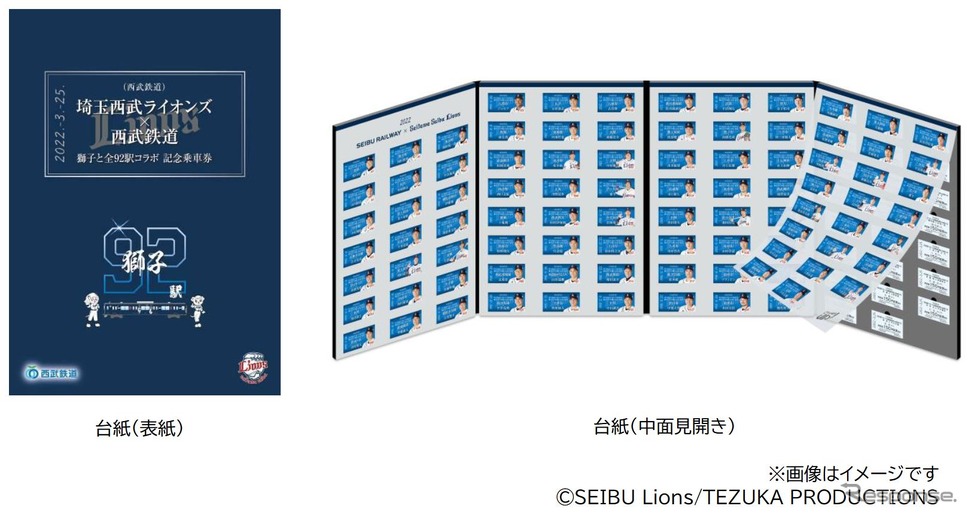 「埼玉西武ライオンズ×西武鉄道 獅子と全92駅コラボ記念乗車券」の台紙表紙（左）と台紙中面（右）。全92駅の乗車券とライオンズの選手がコラボレーションされたデザインになっている。