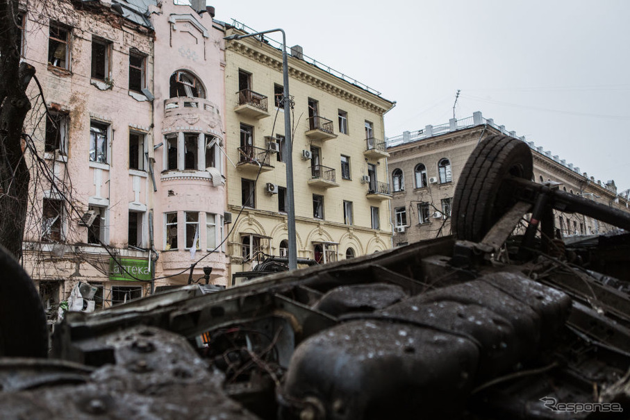 ロシア軍に攻撃されたウクライナ、ハルキウ（ハリコフ）市の住宅（3月14日）