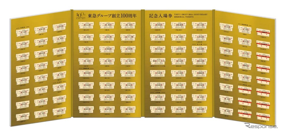 現行85駅のB型硬券と、2023年3月に開業する相鉄・東急直通線に新設される新横浜・新綱島の各駅、廃止された並木橋・工業都市・新太田町・神奈川・高島町・桜木町・桐ケ谷・調布大塚・本門寺道各駅のレプリカ入場券がセットになった「東急グループ創立100周年記念入場券セット」。レプリカ券は懐かしい赤線入り。現行駅の入場券は各駅2023年3月31日まで1回限り有効。