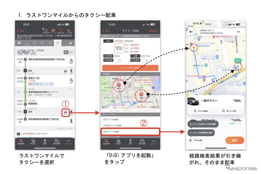 「乗換案内」でDiDiのタクシー配車を選択可能に（アプリのイメージ）：ラストワンマイルからのタクシー配車