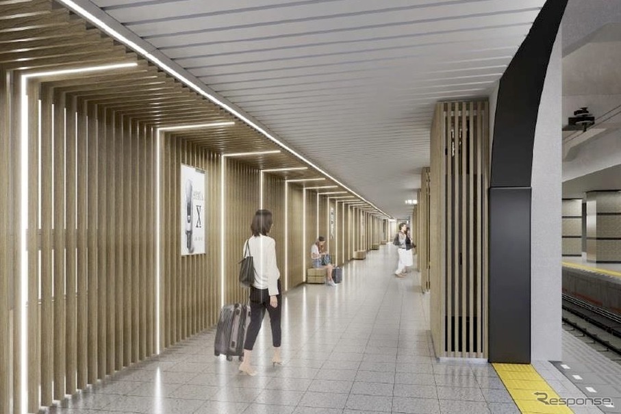 浅草駅5番ホームのリニューアルイメージ。「光の自然や荘厳さを感じさせる木目調の装飾と光の演出を多用したデザイン」とされる。